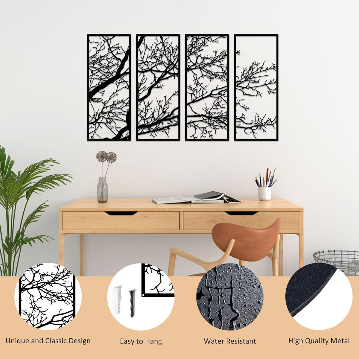 ESTART 4 Pieces Tree of Life Metal Wall Decor, Tree Branch Metal Wall Art