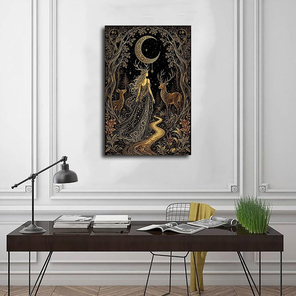 Tilvst Golden Moon Goddess Deer Forest Art Tapestry Canvas Poster