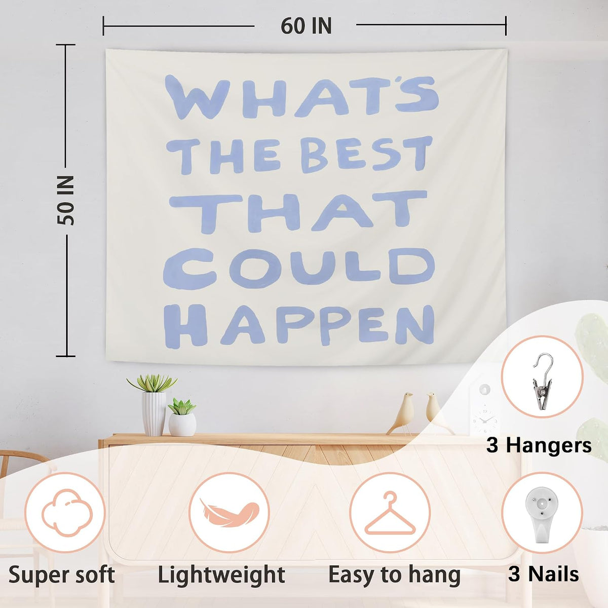 AQYIP What's the Best That Could Happen Inspirational Tapestry, Motivational Tapestry Decorative, Trendy Blue Positive Quote Wall Tapestries Blanket Decor for Home Office, 50x60 Inch