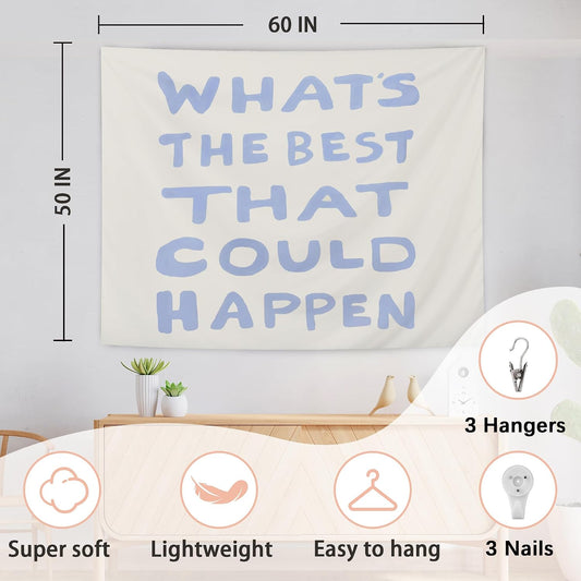 AQYIP What's the Best That Could Happen Inspirational Tapestry, Motivational Tapestry Decorative, Trendy Blue Positive Quote Wall Tapestries Blanket Decor for Home Office, 50x60 Inch