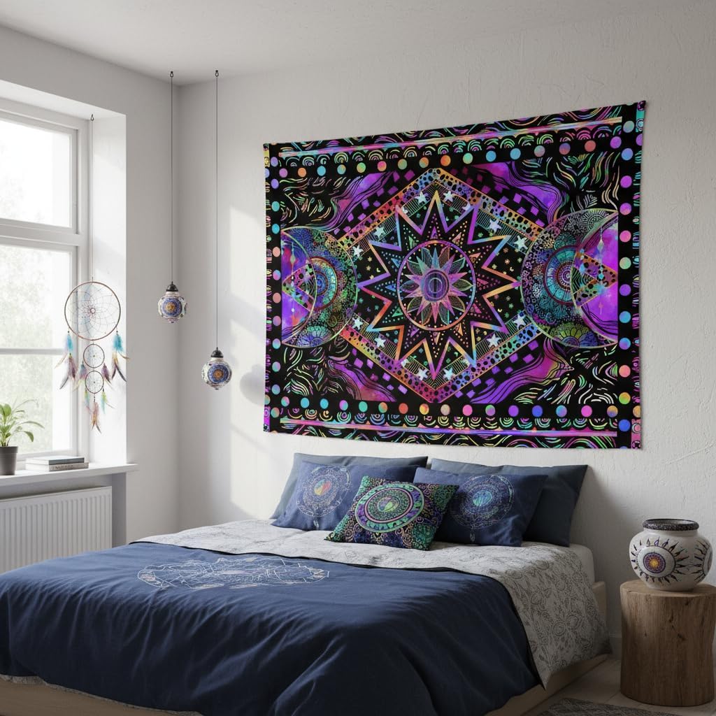 Blacklight Sun and Moon Tapestry Glow in The Dark Neon Hippie Bohemian Tapestries for Bedroom Aesthetic UV Reactive Purple Celestial Tie Dye Tapestry Wall Hanging for Living Room Dorm (40'' × 30'')