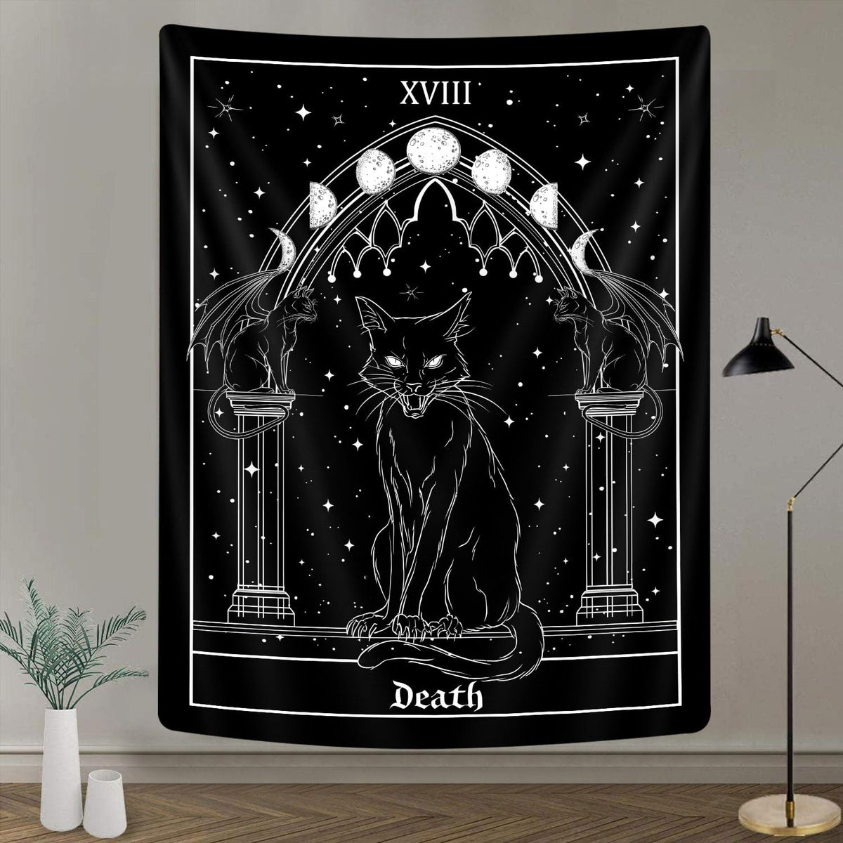 Gothic Black Cat Vertical Tapestry, Witchy Black and White Tarot Card Wing Bat Cat Cool Tapestries for Men, Moon Phases Aesthetic Anime Witchcraft Satanic Art Tapestry Wall Hanging for Bedroom Living Room Poster, 40X60Inch