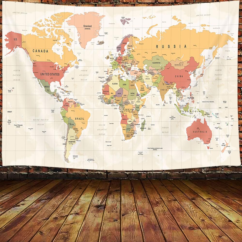 JAWO World Map Tapestry, Map of the World with Countries and Major Cities Wall Tapestries for Kids Student, World Map of the World Tapestry 60X40 Inch(Yellow)