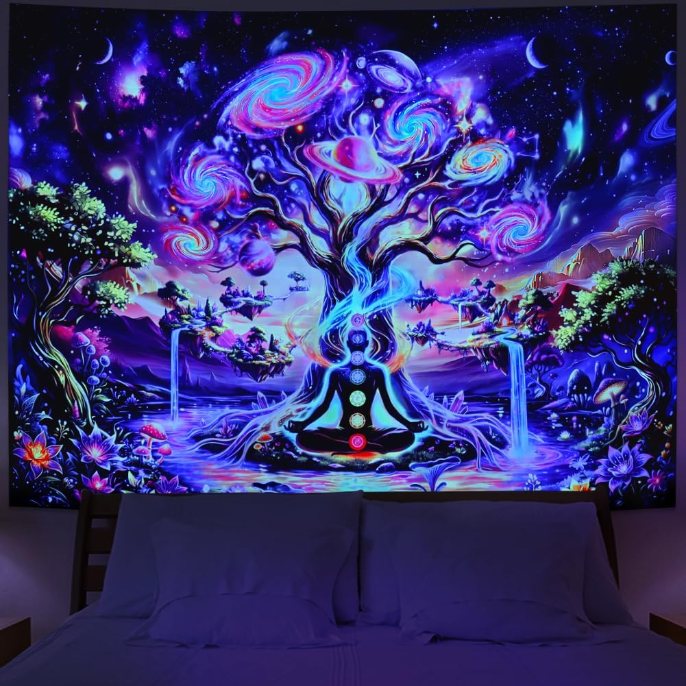 Lahasbja Blacklight Chakra Tree of Life Tapestry Trippy Galaxy Space Meditation Tapestry UV Reactive Spiritual Yoga Wall Hanging Aesthetic Planet Waterfall Landscape Background for Bedroom