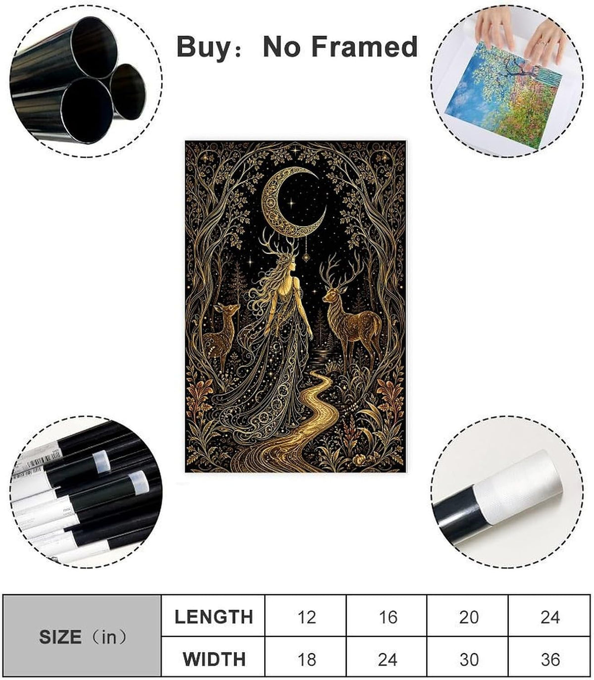Tilvst Golden Moon Goddess Deer Forest Art Tapestry Canvas Poster