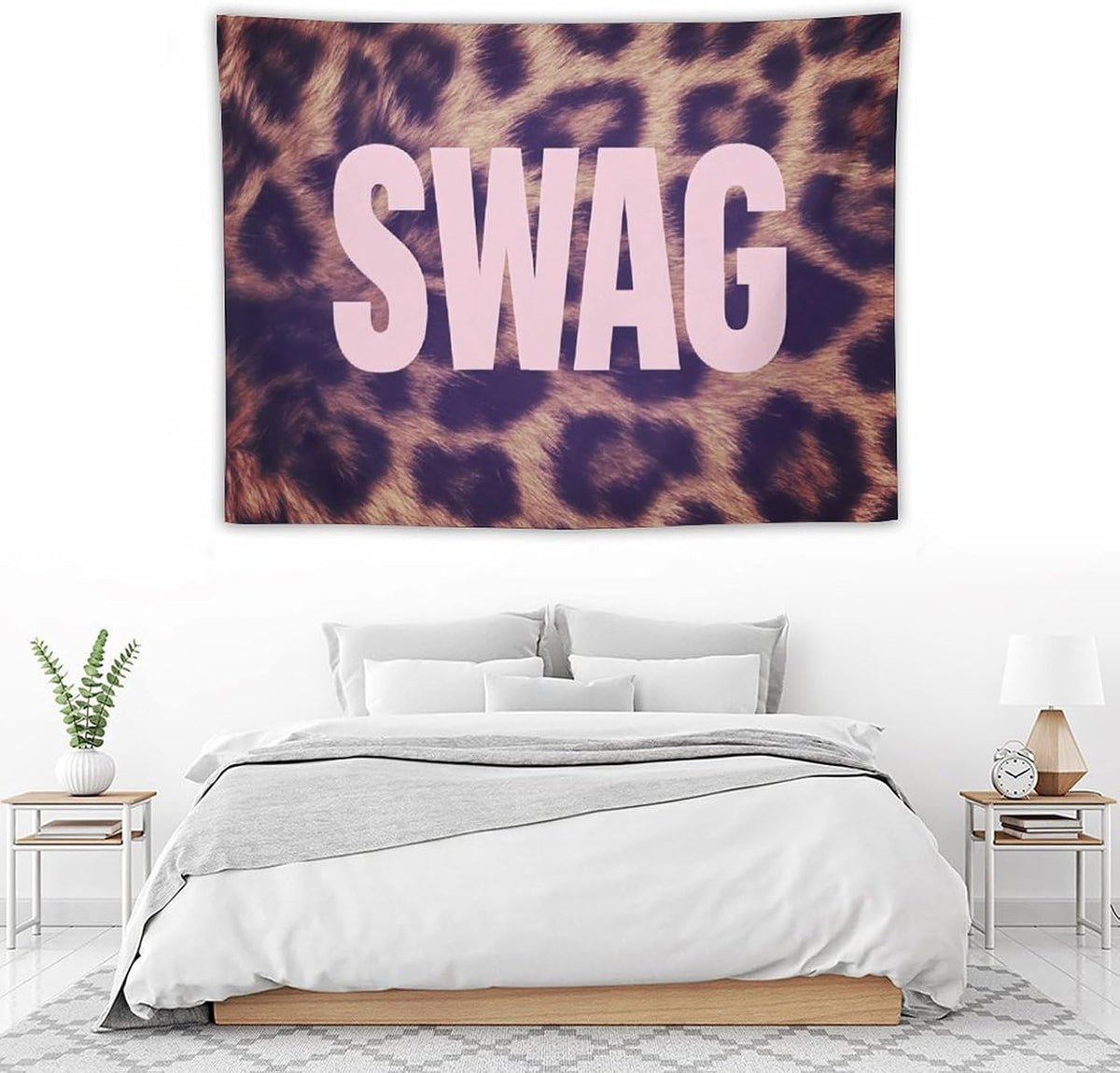 Gyvif Leopard Print Pink SWAG Slogan Wall Tapestry, Y2K Street Style Wall Hanging For Bedroom Dorm, Gift For Teens & Streetwear Lovers