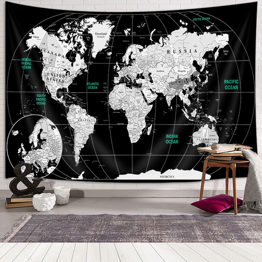 JAWO World Map Tapestry, Map of the World with Countries and Major Cities Wall Tapestries for Kids Student, World Map of the World Tapestry 60X40 Inch(Yellow)