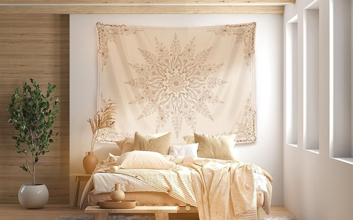 Damanse Floral Tapestry Wall Hanging Cute,Boho Wall Tapestry for Bedroom Aesthetic,Mandala Living Room Decor for Teen Girls (Flaxen, 78.7L x 59.8W)