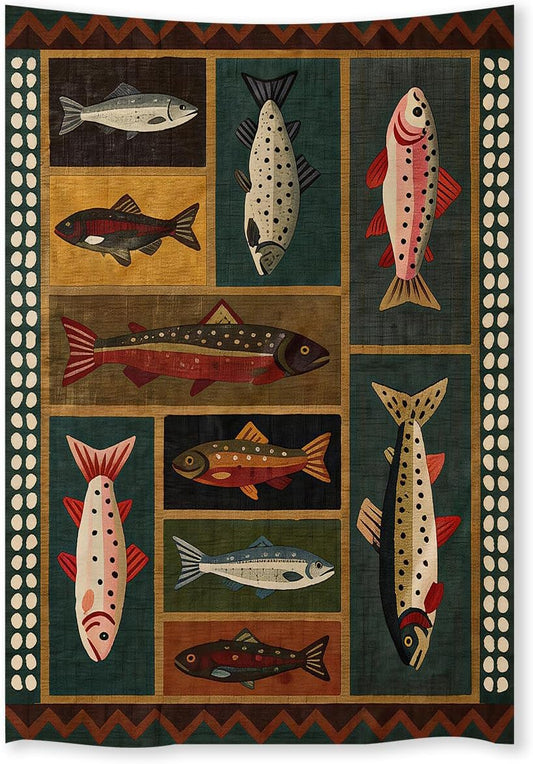 FoxUncle Fish Tapestry 40 x 60 Inches Vintage Dark Western Wall Art Rustic Country Salmon Trout Painting Retro Cabin Aesthetic Decor for Living Room Bedroom