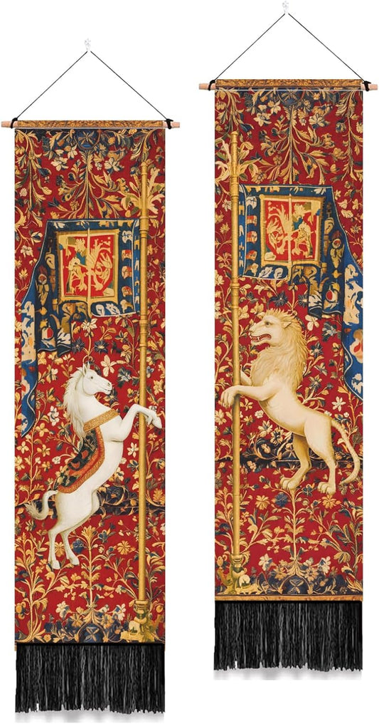 PLIGREAT 2 Pack Horse Lion Tapestry Vertical Vintage Art Wall Hanging with Tassels Aesthetic Wall Tapestry for Bedroom Living Room Long Narrow Home Art Decor Gift