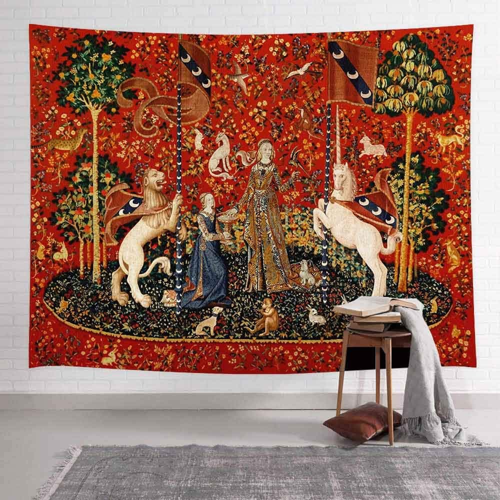 Medieval Tapestry Tapestry Royal Maiden and Unicorn Decor, Red 80x60 In