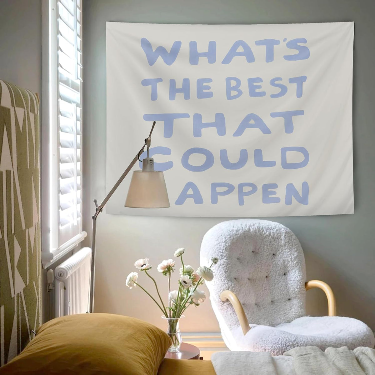 AQYIP What's the Best That Could Happen Inspirational Tapestry, Motivational Tapestry Decorative, Trendy Blue Positive Quote Wall Tapestries Blanket Decor for Home Office, 50x60 Inch