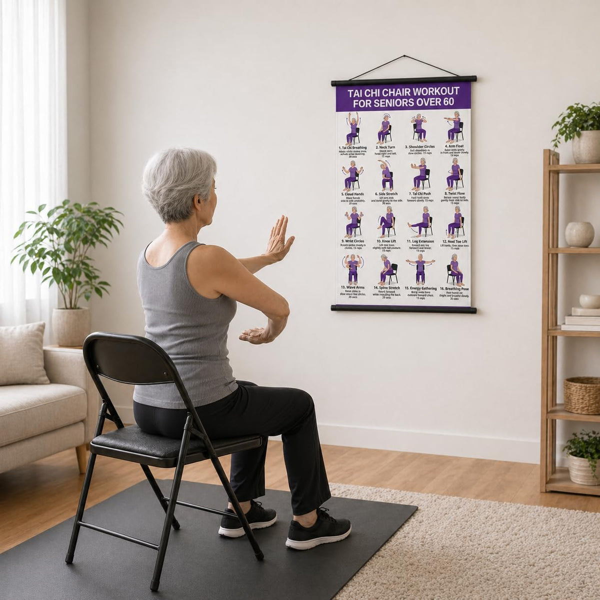 Tai Chi Chair Workout Chart, Chair Tai Chi for Seniors Poster, 16 x 24 Inch