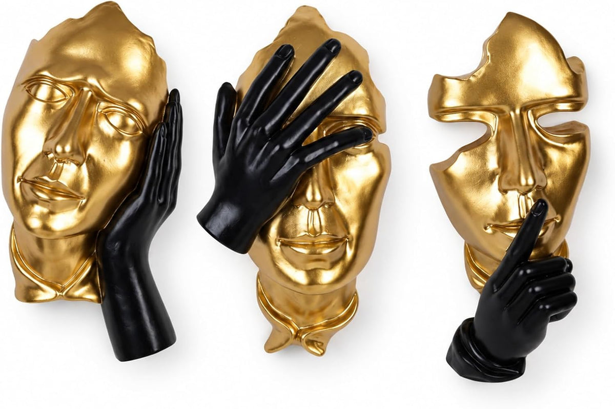 Face Wall Sculptures Set of 3, Modern 3D Abstract Wall Art, Black and Gold