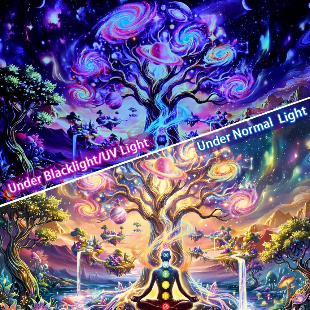 Lahasbja Blacklight Chakra Tree of Life Tapestry Trippy Galaxy Space Meditation Tapestry UV Reactive Spiritual Yoga Wall Hanging Aesthetic Planet Waterfall Landscape Background for Bedroom