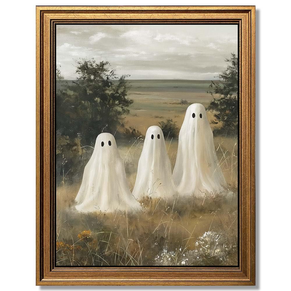 Wemandh Framed Halloween Decorations Fall Decor Wall Art, Rustic Landscape Wall Decor, Cute Ghost Decor Wall Art, Aesthetic Halloween Wall Decor (9.5''x12'')