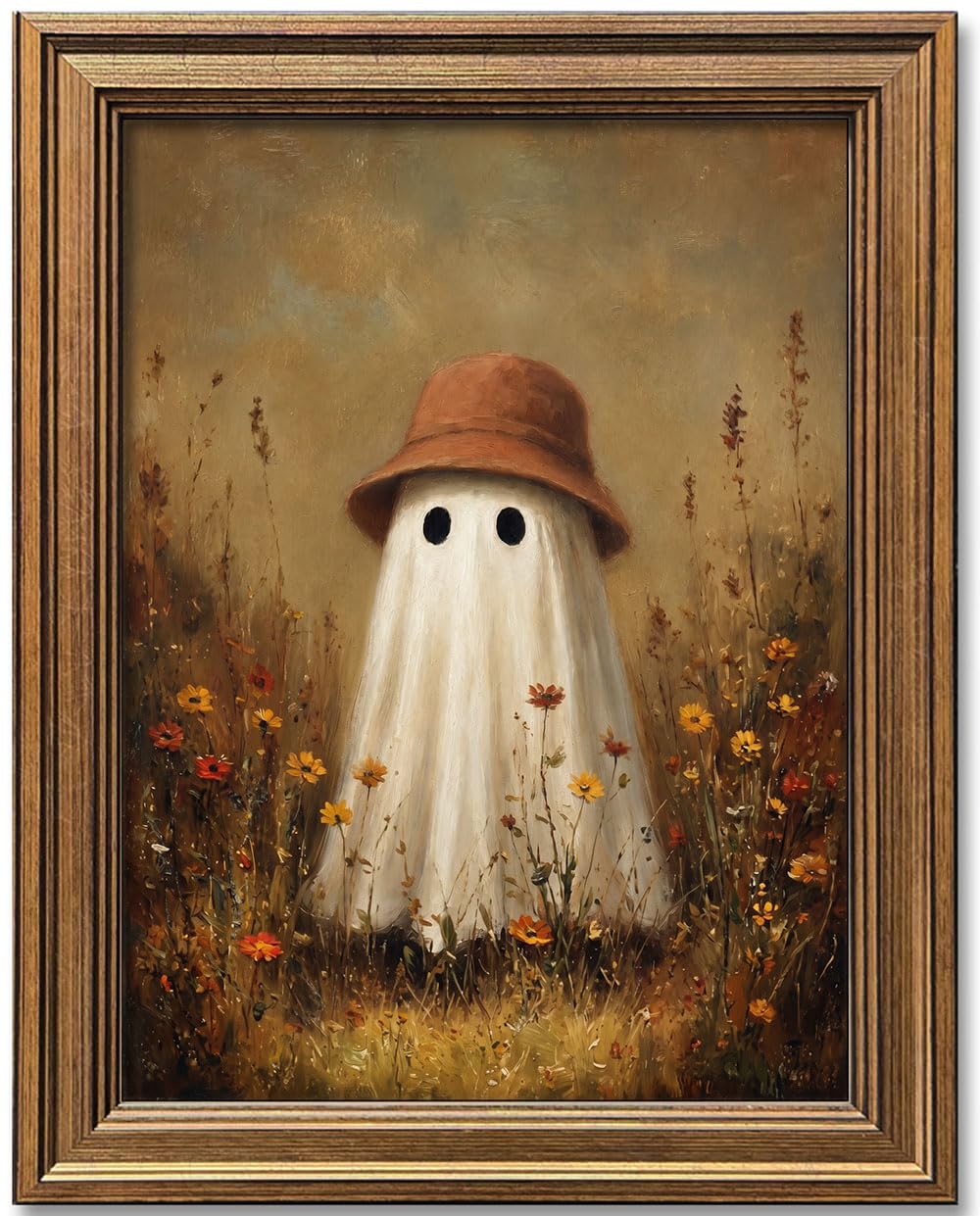 Wemandh Framed Halloween Decorations Fall Decor Wall Art, Rustic Landscape Wall Decor, Cute Ghost Decor Wall Art, Aesthetic Halloween Wall Decor (9.5''x12'')