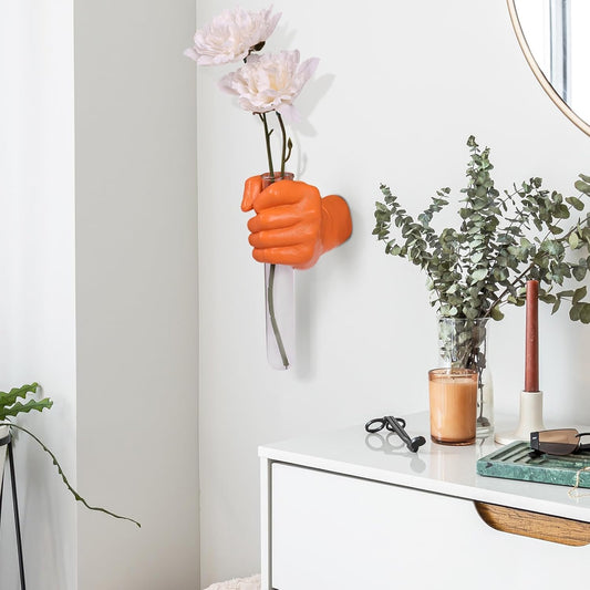 Orange Wall Sculptures, Hand Vases Home Decor, Wall Mount Art Sculpture, Unique Wall Art Statue, Funky Flower Vase Decorations, Modern Eclectic Hanging Decor,Glass Test Tube Vase (Orange)