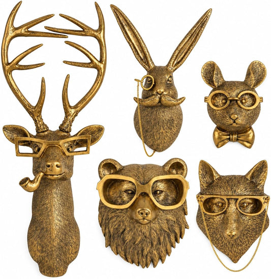 UITWMKTG Gold Animal Head Wall Decor Set of 5 - Deer, Rabbit, Mouse, Bear, Fox Wall Sculptures, Modern Wall Art for Living Room, Bedroom, Office, Gold Wall Hanging Home Decoration
