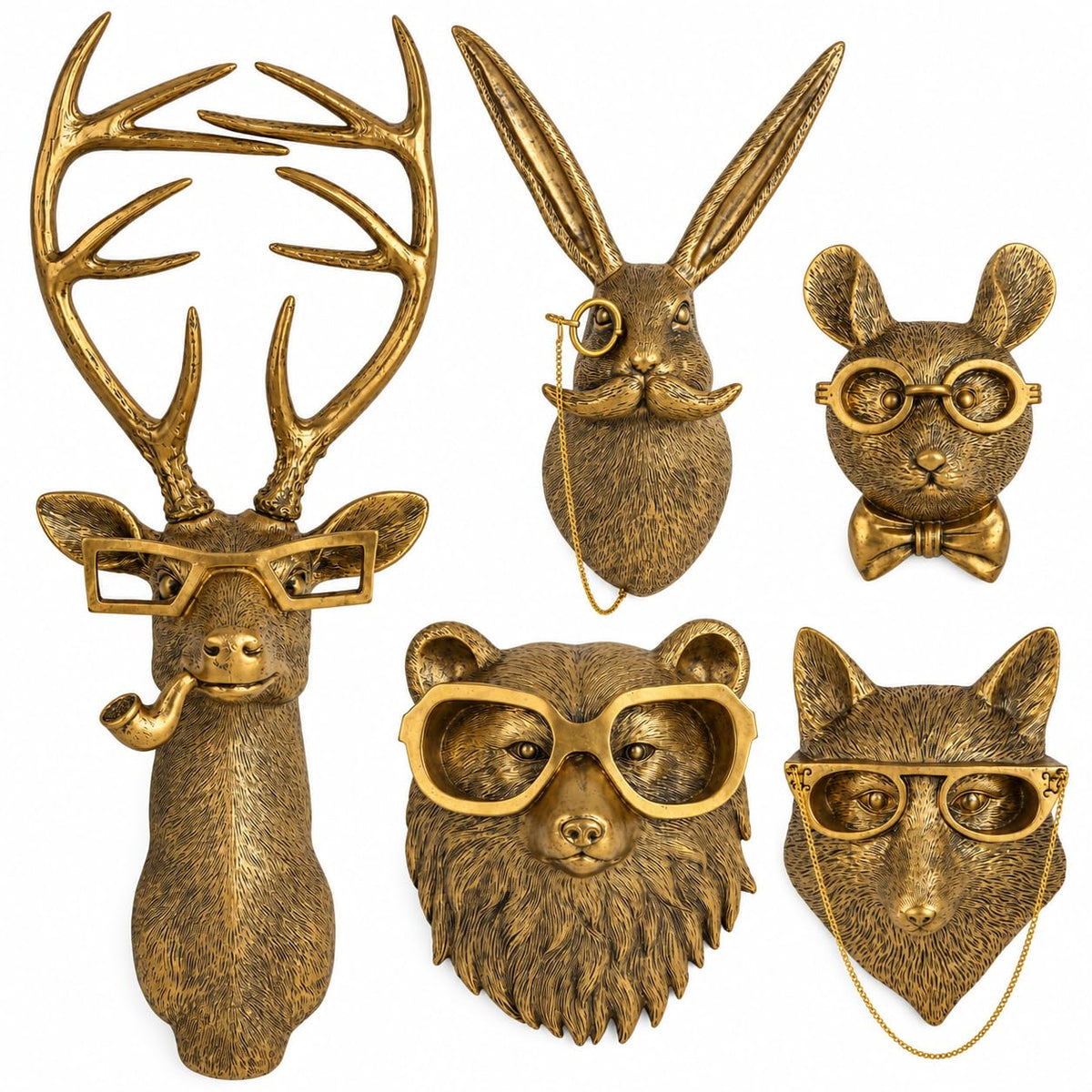 UITWMKTG Gold Animal Head Wall Decor Set of 5 - Deer, Rabbit, Mouse, Bear, Fox Wall Sculptures, Modern Wall Art for Living Room, Bedroom, Office, Gold Wall Hanging Home Decoration