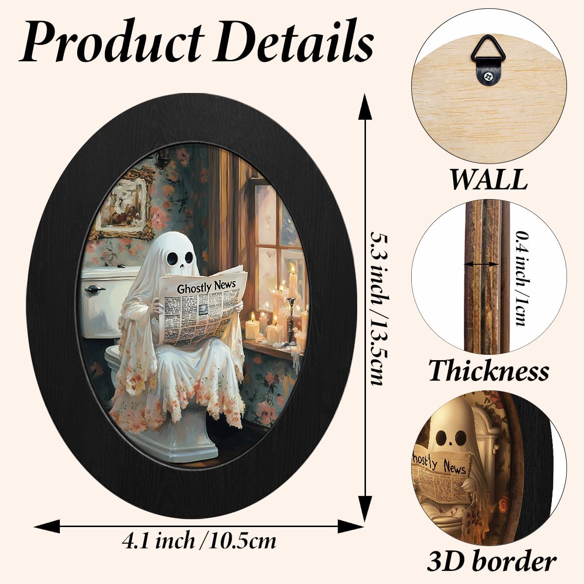 3Pcs Funny Ghost Halloween Bathroom Oval Wall Art Framed Spooky Decor
