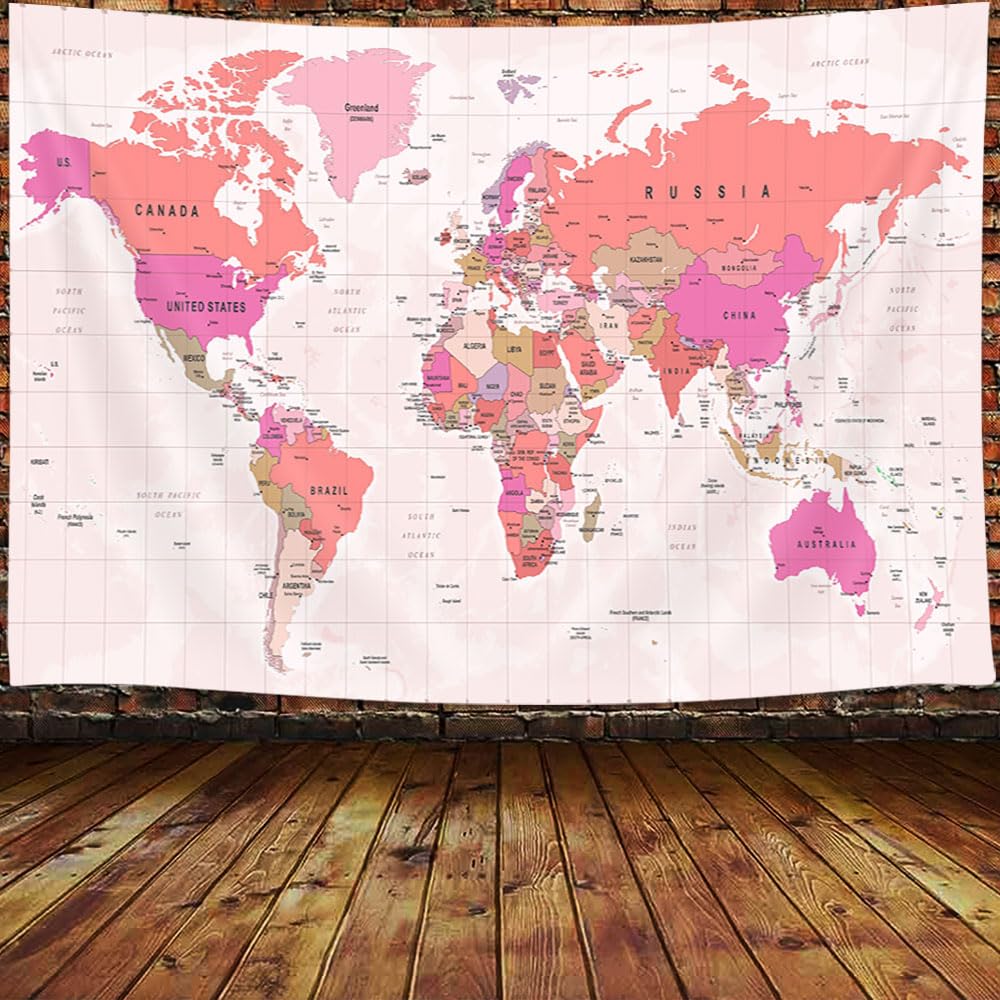 JAWO World Map Tapestry, Map of the World with Countries and Major Cities Wall Tapestries for Kids Student, World Map of the World Tapestry 60X40 Inch(Yellow)