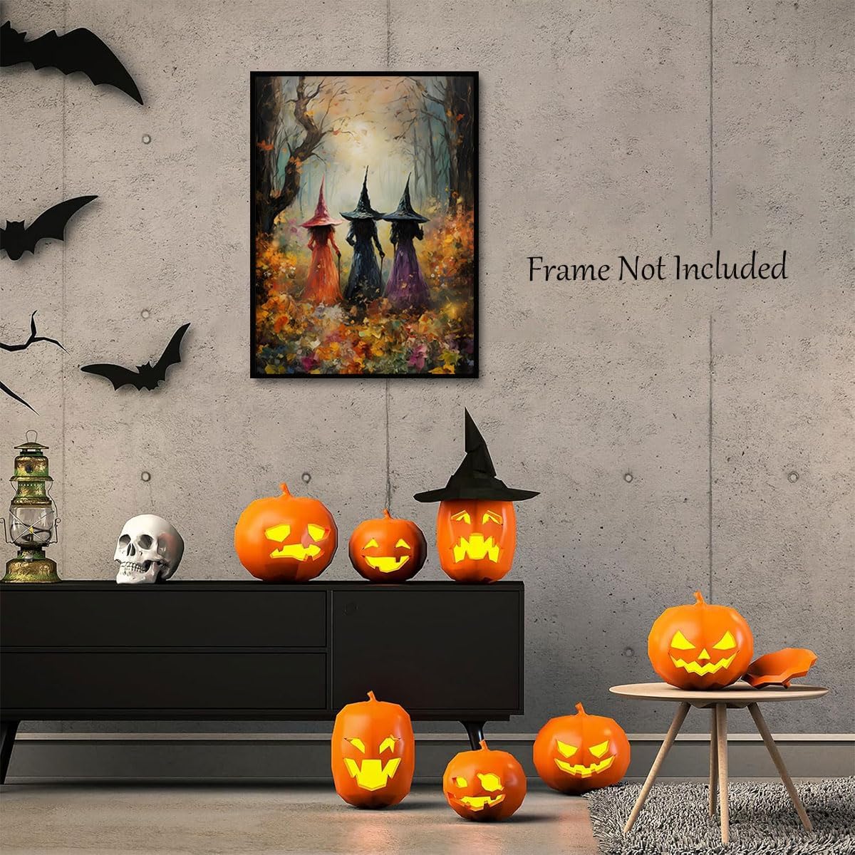 ILLBDR Halloween Three Witches Canvas Wall Art Poster 12x16 inch