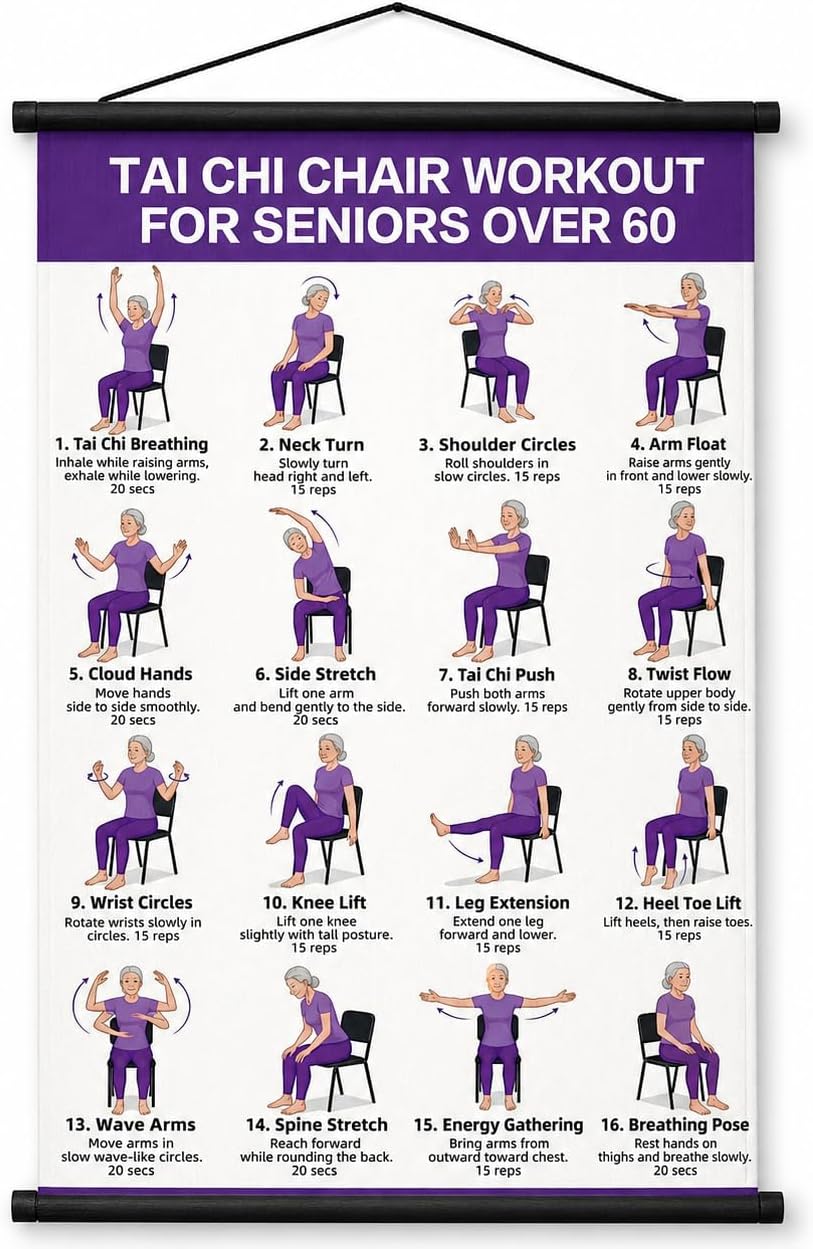 Tai Chi Chair Workout Chart, Chair Tai Chi for Seniors Poster, 16 x 24 Inch