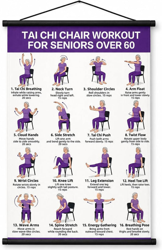 Tai Chi Chair Workout Chart, Chair Tai Chi for Seniors Poster, 16 x 24 Inch