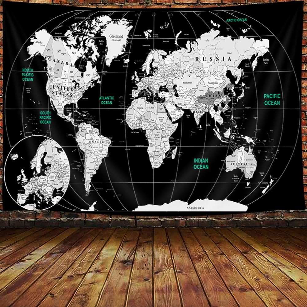 JAWO World Map Tapestry, Map of the World with Countries and Major Cities Wall Tapestries for Kids Student, World Map of the World Tapestry 60X40 Inch(Yellow)