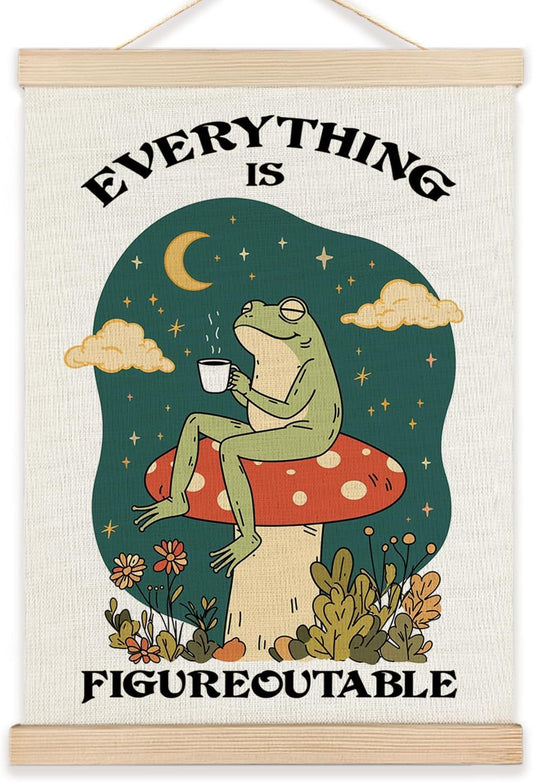 LZYRF Everything is Figureoutable Inspirational Wall Decor, Rustic Cottagecore Frog Positive Affirmations Canvas Prints Wall Decor for Office Classroom Home, 12x16 Inch