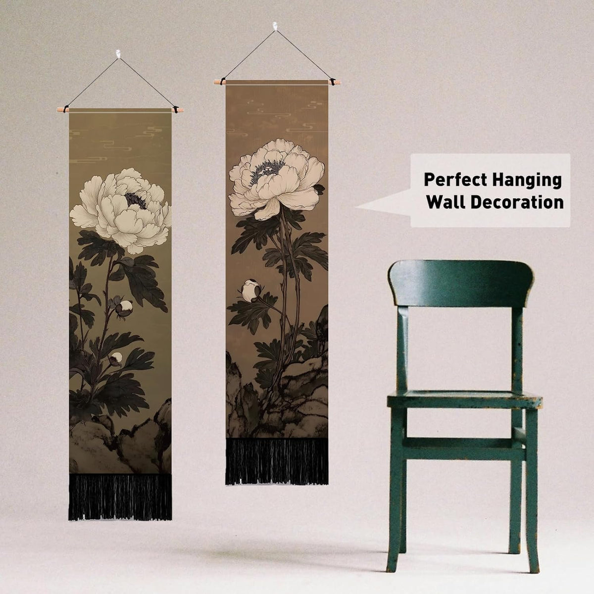 PLIGREAT 2 Pack Japanese Peony Vertical Tapestry with Tassels Elegant Flower Wall Hanging for Bedroom Bathroom Living Room Warm Long Narrow Wall Hanging Dorm Room Home Art Decor