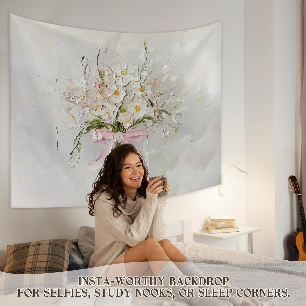 STHTTSW Wildflower Pink Bow Tapestry Aesthetic, Flower Tapestries Wall Blanket, Neutral Beige Botanical Wall Hanging Decor for Teen Girl Women Home Living Room Bedroom, 50x60 Inch