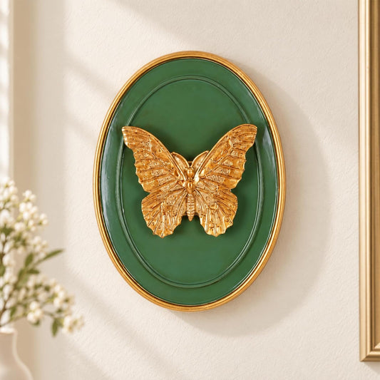 Gold Butterfly Wall Decor, Vintage 3D Resin Wall Sculpture, Green Oval Art