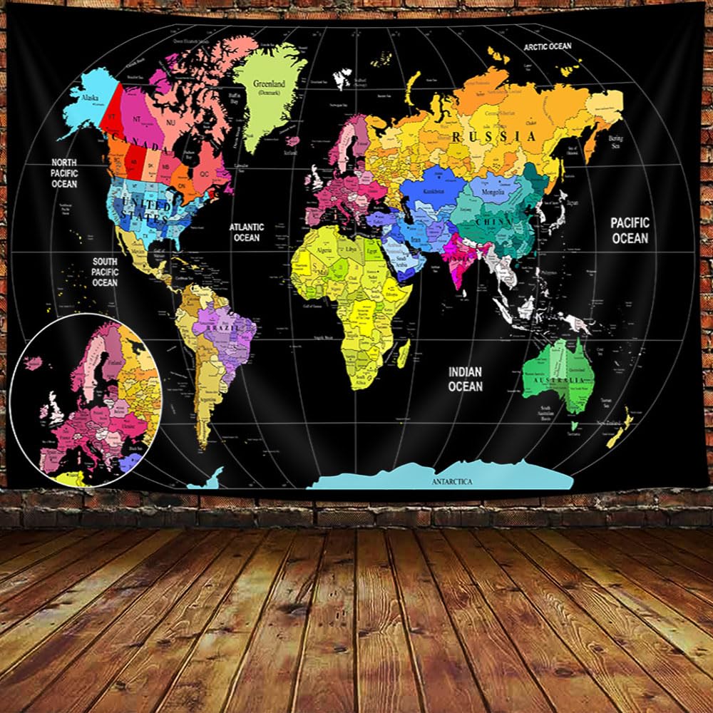 JAWO World Map Tapestry, Map of the World with Countries and Major Cities Wall Tapestries for Kids Student, World Map of the World Tapestry 60X40 Inch(Yellow)
