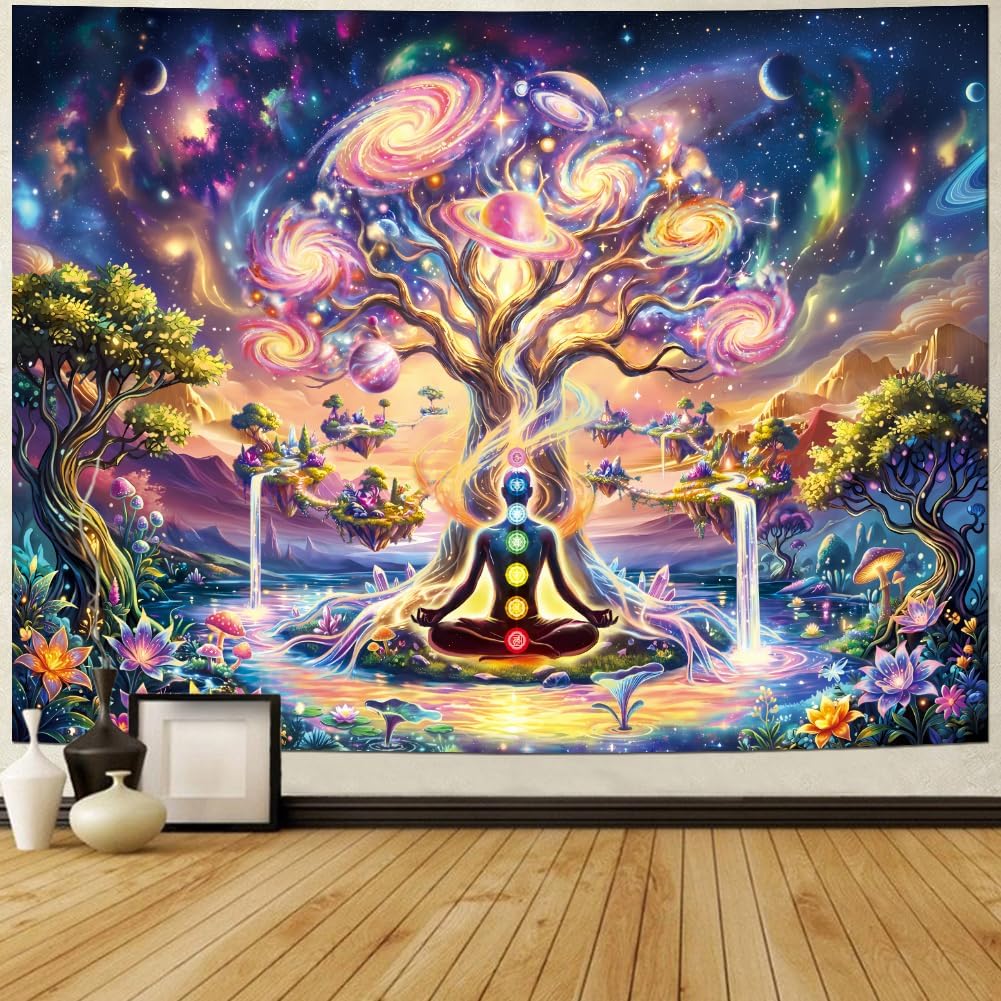Lahasbja Blacklight Chakra Tree of Life Tapestry Trippy Galaxy Space Meditation Tapestry UV Reactive Spiritual Yoga Wall Hanging Aesthetic Planet Waterfall Landscape Background for Bedroom
