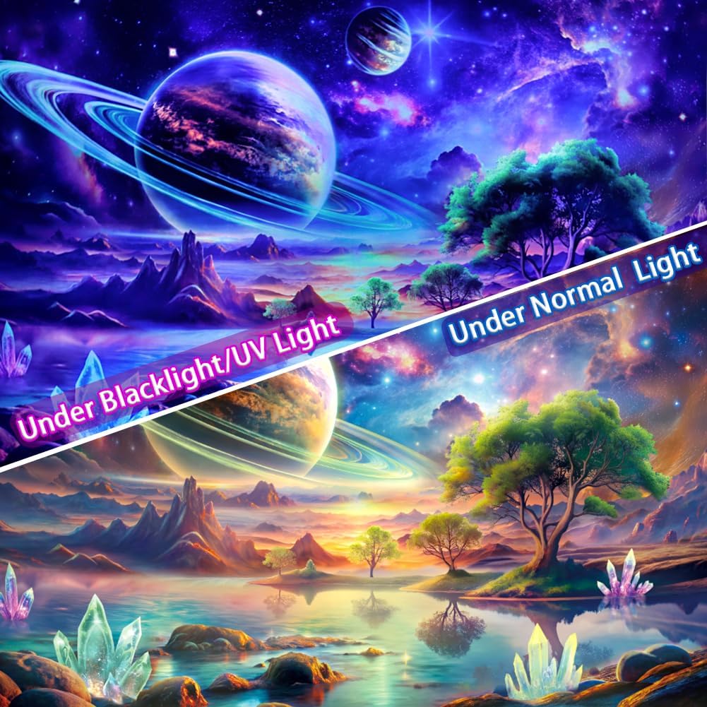 Lahasbja Blacklight Galaxy Space Tapestry UV Reactive Planet Wall Hanging Magical Trees Tapestries Cosmic Mountain Landscape Wall Decor Aesthetic Starry Night Backdrop for Bedroom