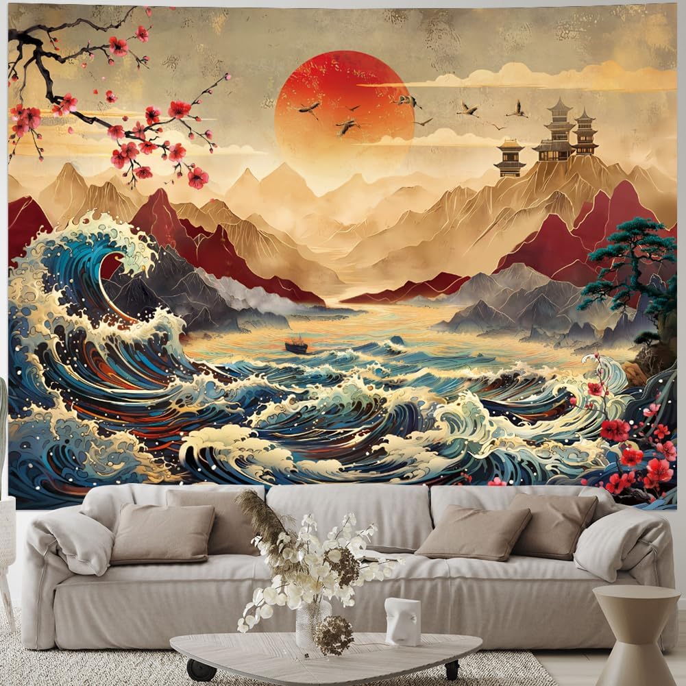 Lahasbja Great Wave Tapestry Vintage Sun Mountain Landscape Wall Hanging Aesthetic Japanese Ocean Wave Wall Tapestries Cherry Blossom Sunset Backdrop Retro Sea Art for Room
