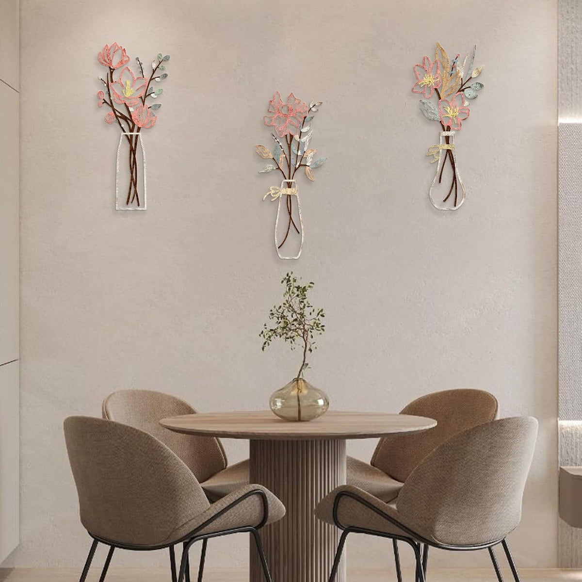 3 Pieces Metal Flowers Wall Art for Bathroom (Multicolored)