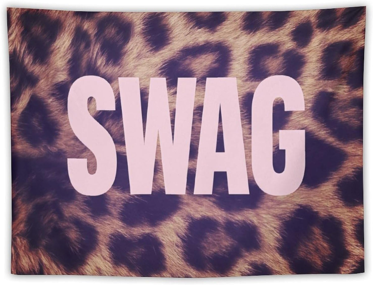 Gyvif Leopard Print Pink SWAG Slogan Wall Tapestry, Y2K Street Style Wall Hanging For Bedroom Dorm, Gift For Teens & Streetwear Lovers