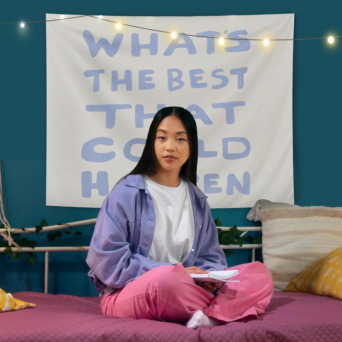 AQYIP What's the Best That Could Happen Inspirational Tapestry, Motivational Tapestry Decorative, Trendy Blue Positive Quote Wall Tapestries Blanket Decor for Home Office, 50x60 Inch