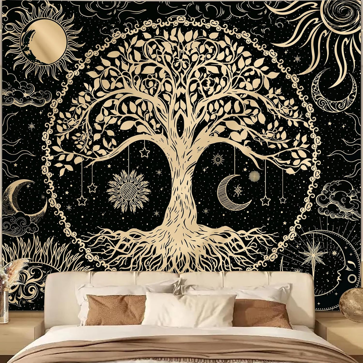 Avinyl Tree of Life Tapestry Wall Hanging, Large Black Sun Moon Tapestries
