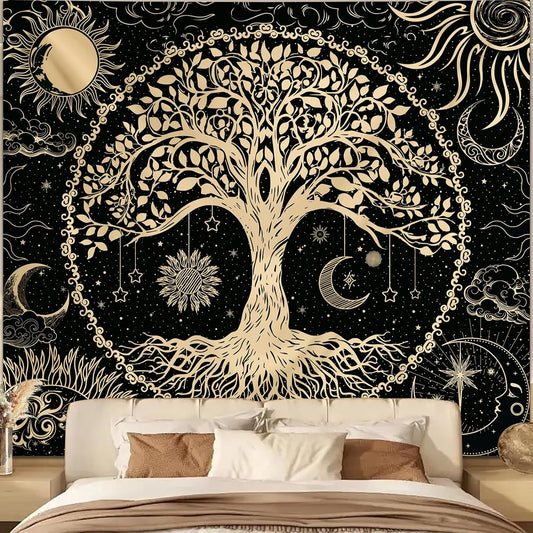 Avinyl Tree of Life Tapestry Wall Hanging, Large Black Sun Moon Tapestries
