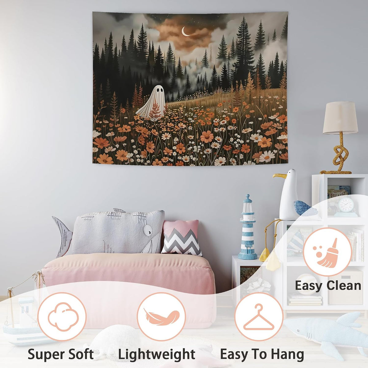 NATSUNO Halloween Tapestry, Halloween Spooky Ghost Wall Tapestry for Bedroom, Whimsical Enchanted Forest Flower Ghost Tapestries Wall Hanging for Home Living Room Decor, 50x60 Inches