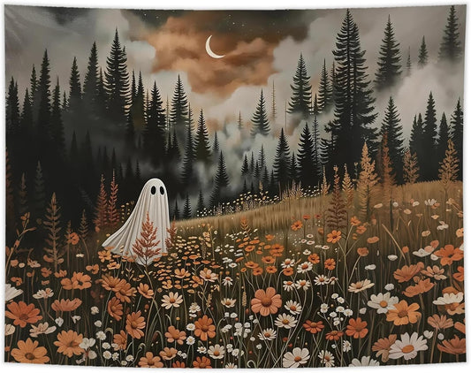 NATSUNO Halloween Tapestry, Halloween Spooky Ghost Wall Tapestry for Bedroom, Whimsical Enchanted Forest Flower Ghost Tapestries Wall Hanging for Home Living Room Decor, 50x60 Inches