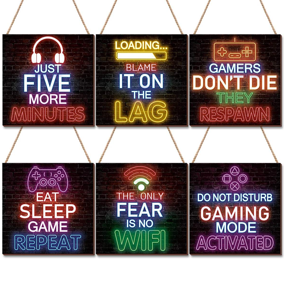 YLOLUL 4pcs Neon Game Art Prints, Wood Wall Art Decor for Boys Room, Gamer Decorations, Inspirational Quote Wall Decor, Modern Home Decor, 12 x 4 Inch, Red
