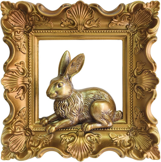 Rabbit Wall Decor with Gold Frame, Baroque Resin Bunny Wall Sculpture