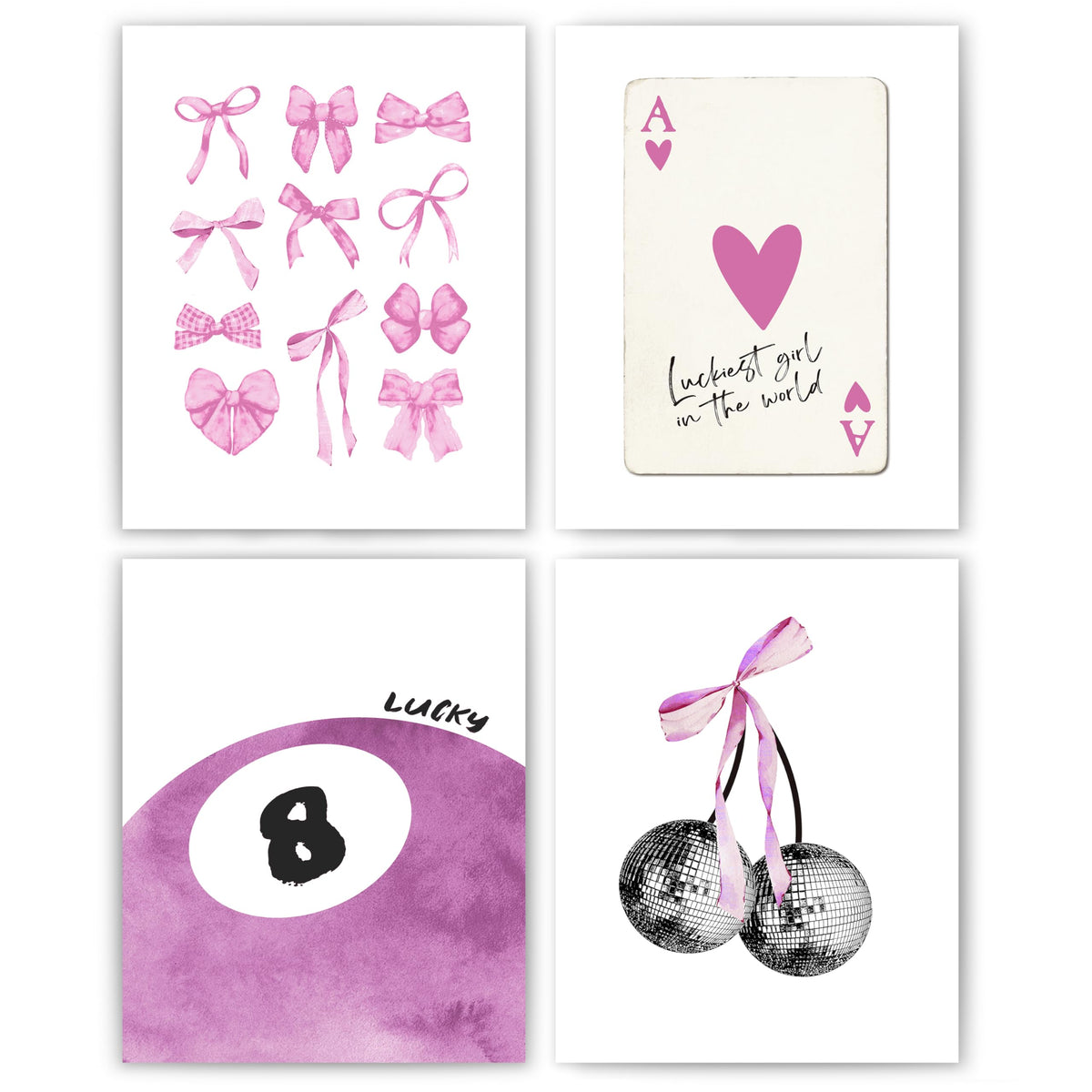 okaxscm Pink Coquette Trendy Preppy Wall Art Prints Set of 4, Coquette Room Decor, Preppy Room Decor Aesthetic, Pink Bow Disco 8 Ball Cherry Wall Decor Posters for Girls Bedroom Dorm, 8x10 Unframed
