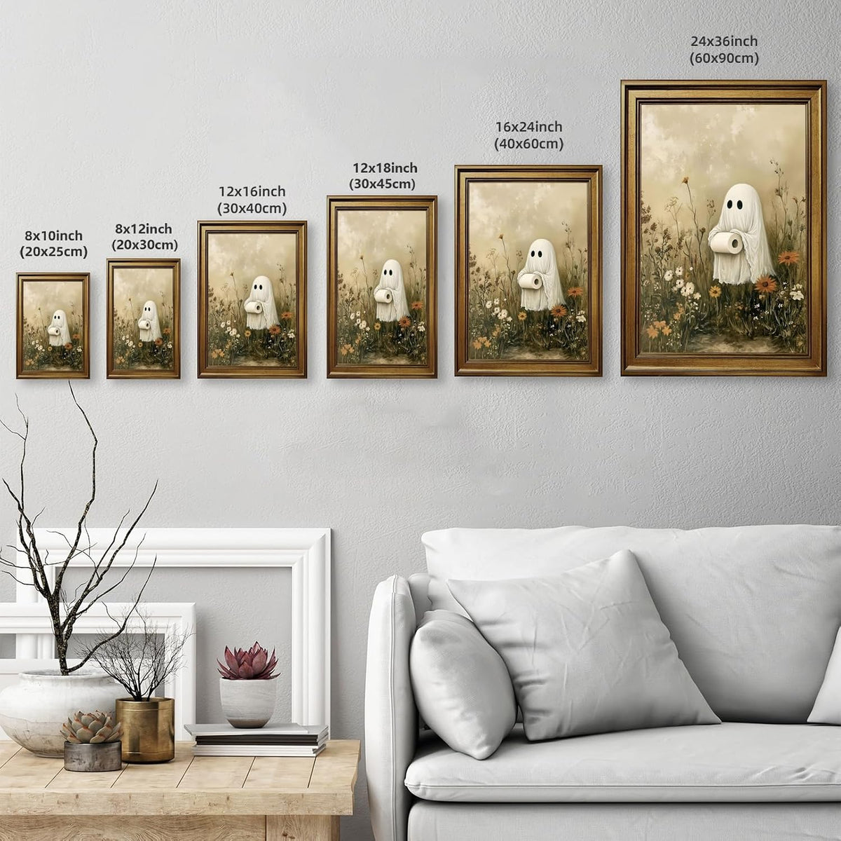 Funny Halloween Bathroom Wall Art Cute Ghost Toilet Paper Poster Spooky Toilet Art Prints Floral Ghost Painting Flowers Halloween Whimsical Room Decor for Powder Room Restroom 8x10inch Gold Frame