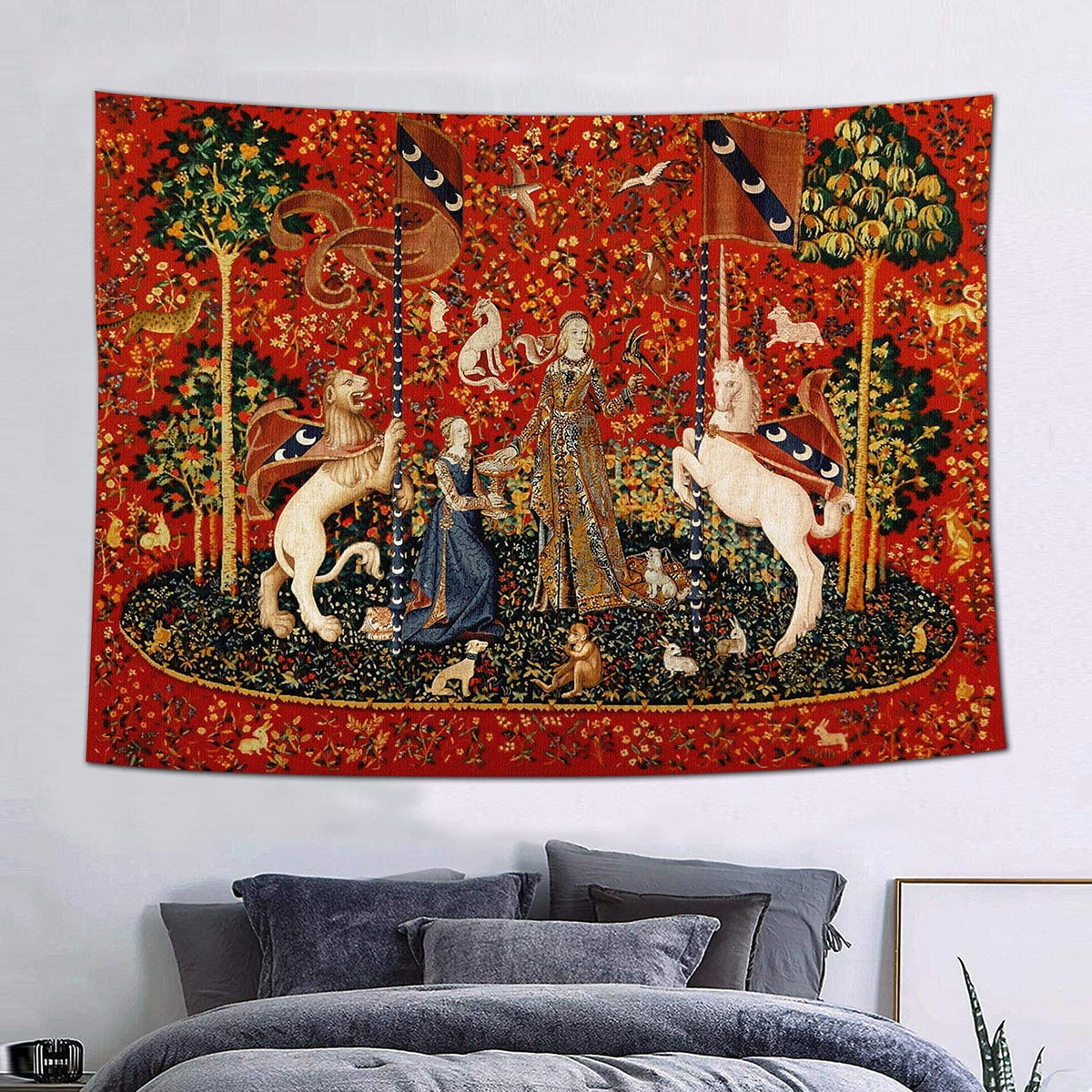 Medieval Tapestry Tapestry Royal Maiden and Unicorn Decor, Red 80x60 In